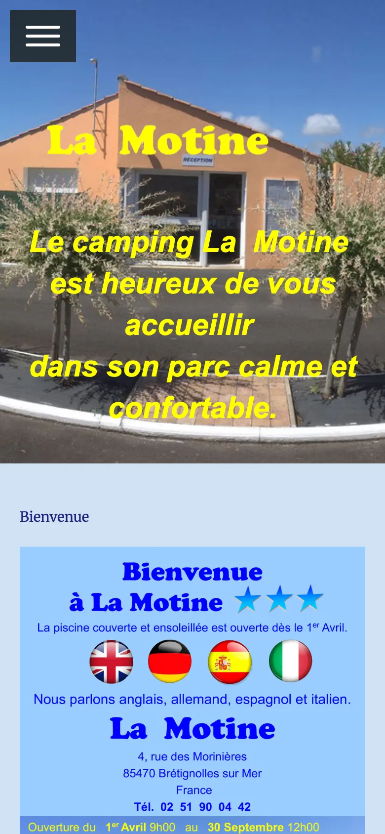 Capture mobile du site actuel : texte jaune sur la photo et bloc d'accueil sous forme d'image